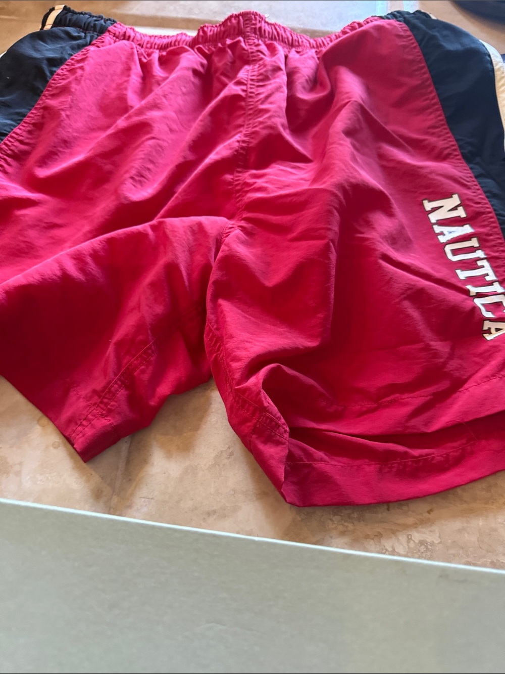 Nautica Red and Black Colorblock Swim Shorts with White Trim